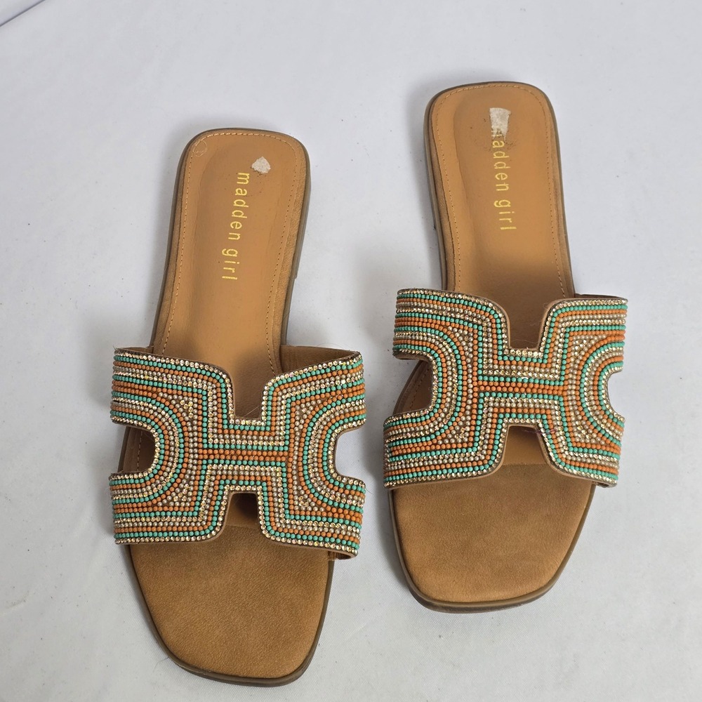 Madden Girl Womens Beaded H-Band Slide Sandals Orange Turquoise Rhinestone 8.5 - Picture 1 of 8